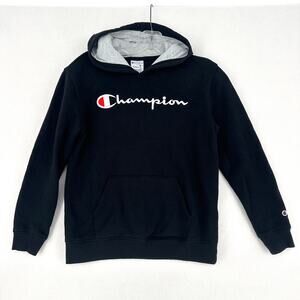 Champion Youth Hoodie Medium (10/12) Black Pullover Fleece Logo Sweatshirt
